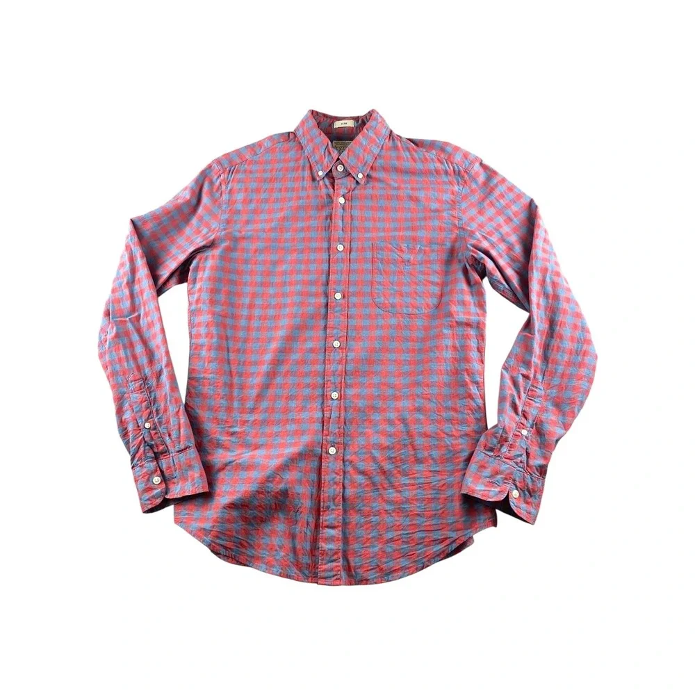 J Crew Slim Fit Organic Cotton Gingham Button Down Shirt Men Size M Red Blue